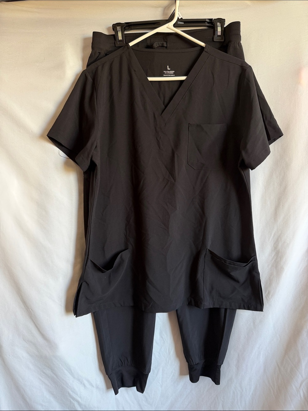 Women’s Black V-Neck Short Sleeve Top with Patch Pockets and Jogger Scrubs